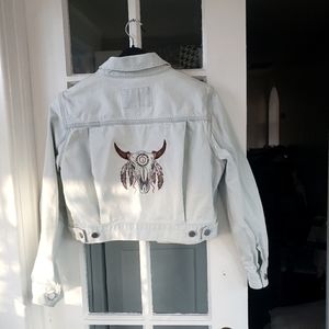 Crop Jean Jacket with Custom Embroidered Skull